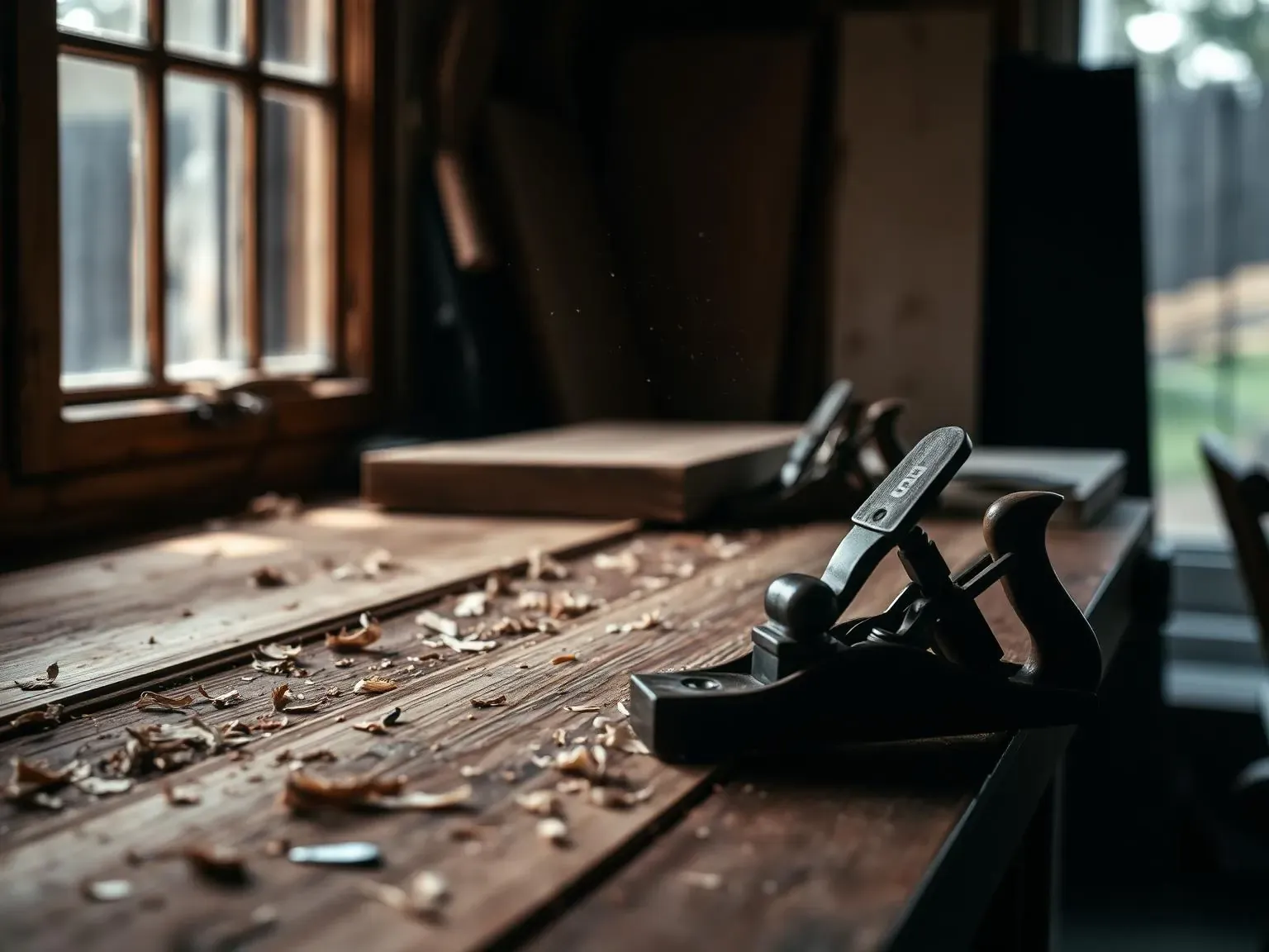 Master carpenter's workbench with planed Australian hardwood, hand plane and shavings — Carpentry Worx Brisbane