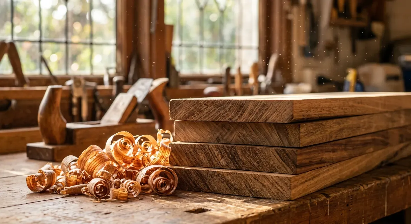Australian hardwood timber boards and shavings on a Brisbane carpenter's workshop bench