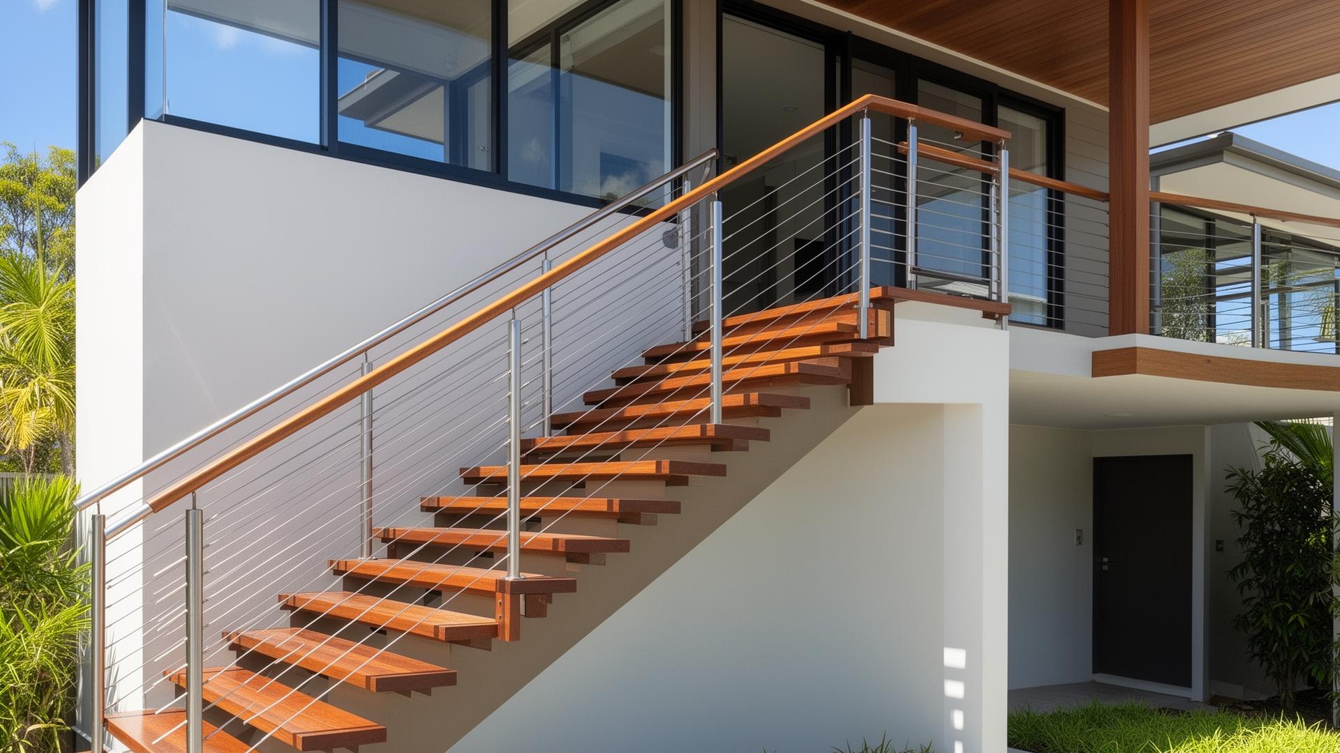 Modern Brisbane home with code-compliant stainless wire stair balustrade and timber handrail