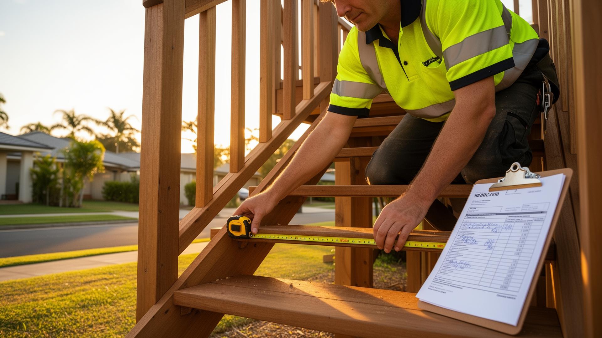 Brisbane carpenter measuring an external timber staircase with a quote on a clipboard