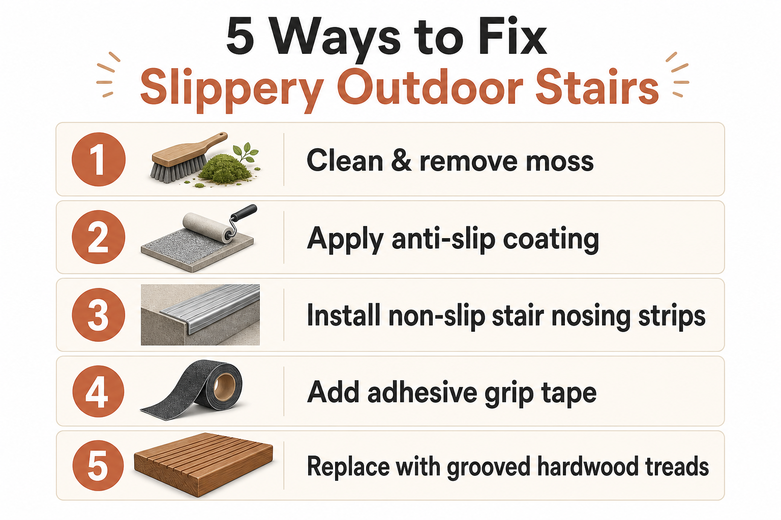 Checklist infographic showing 5 ways to fix slippery outdoor stairs: clean and remove moss, apply anti-slip coating, install non-slip nosing strips, add adhesive grip tape, replace with grooved hardwood treads