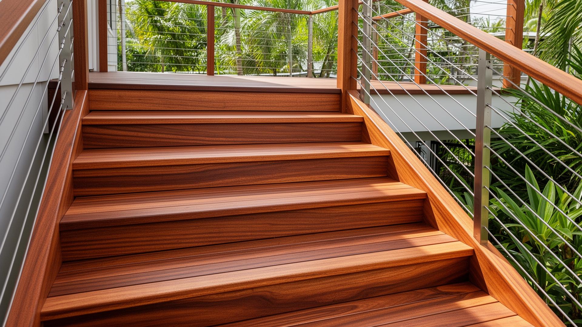 Modern outdoor hardwood timber stairs with stainless wire balustrade on a Brisbane deck