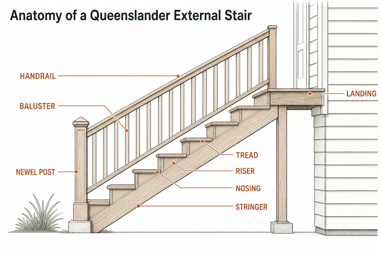 Labelled infographic showing the anatomy of a Queenslander external stair — tread, riser, stringer, balustrade, handrail, newel post and landing
