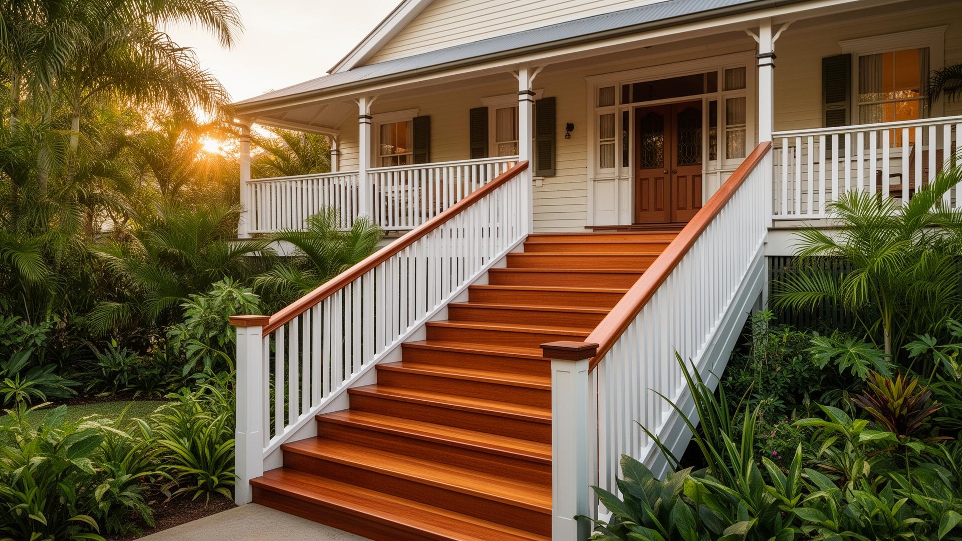 Restored hardwood external stairs on a traditional Queenslander home in Brisbane at golden hour
