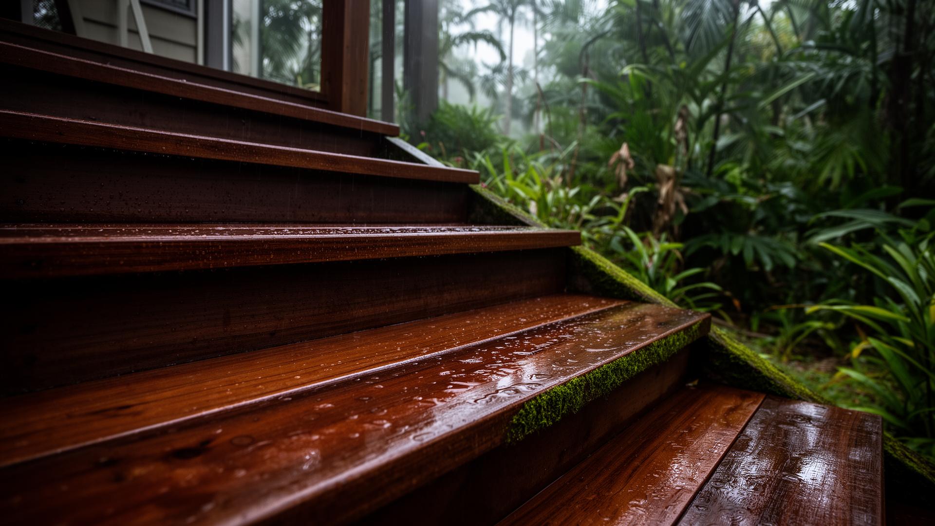 Wet timber outdoor stairs glistening after rain in a Brisbane garden