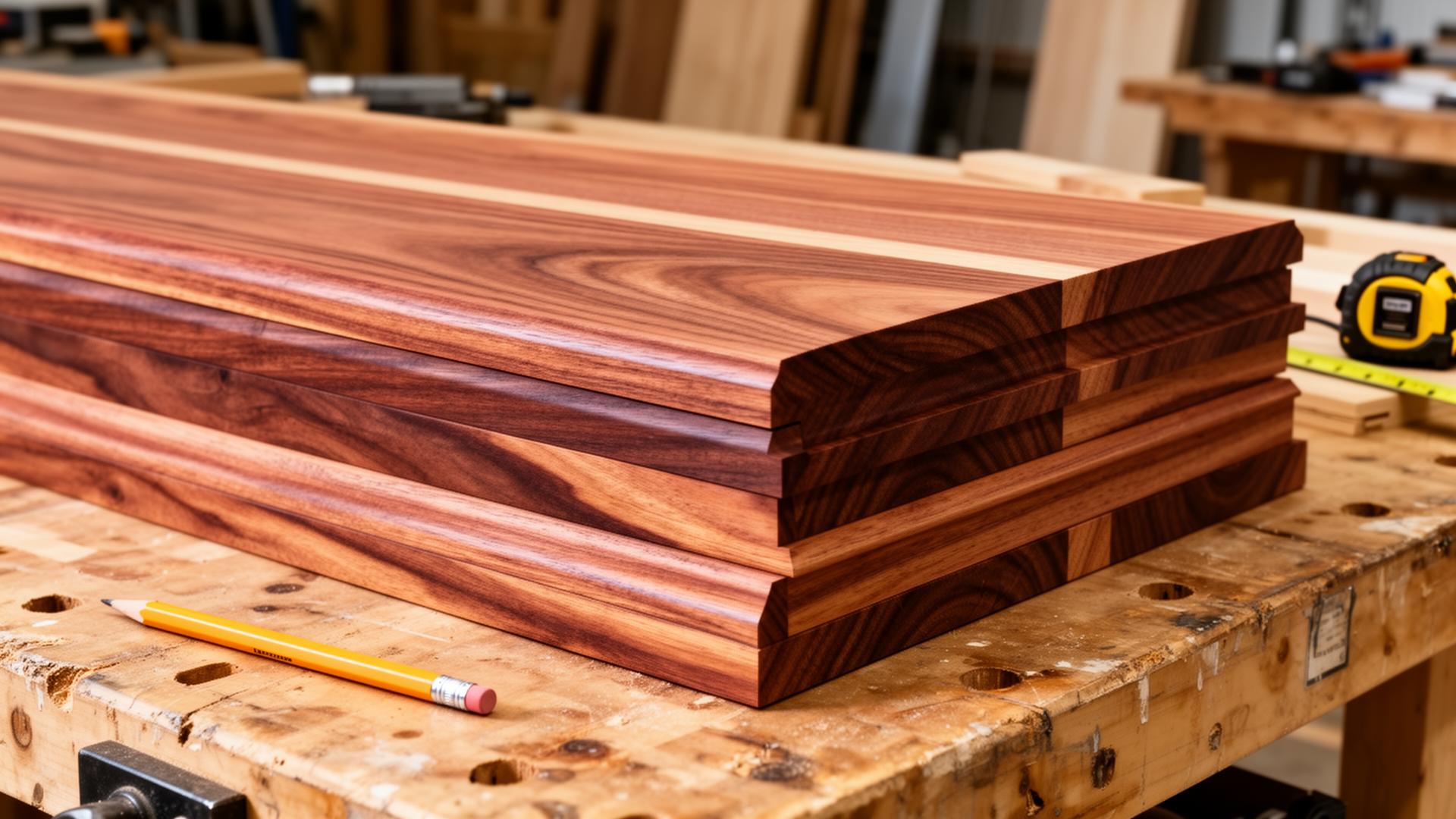 Stack of premium Australian hardwood timber stair treads on a Brisbane workshop bench
